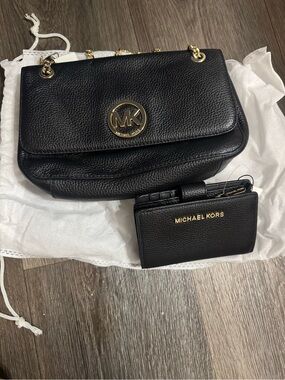 Michael Kors Black Pebbled Leather Shoulder Bag with Matching Card Holder